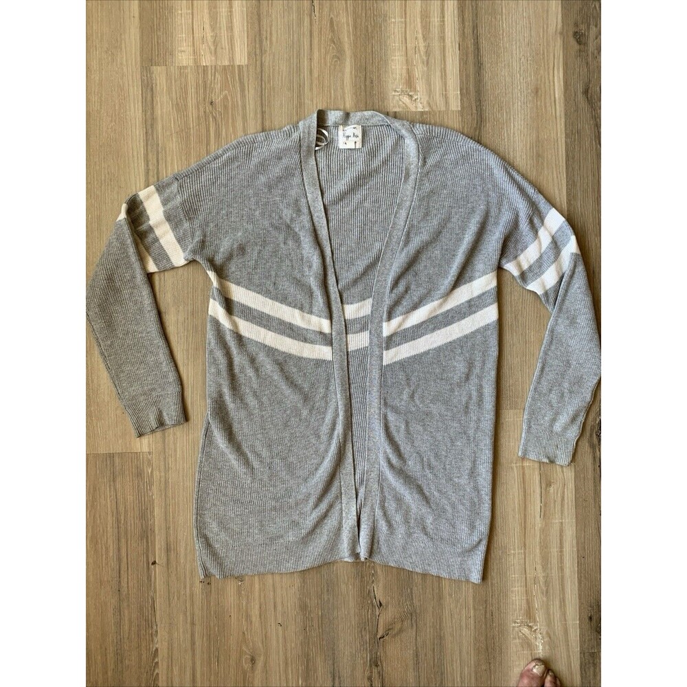 Hippie Rose Gray White Striped Open Front Pockets Cardigan Sweater Womens LARGE